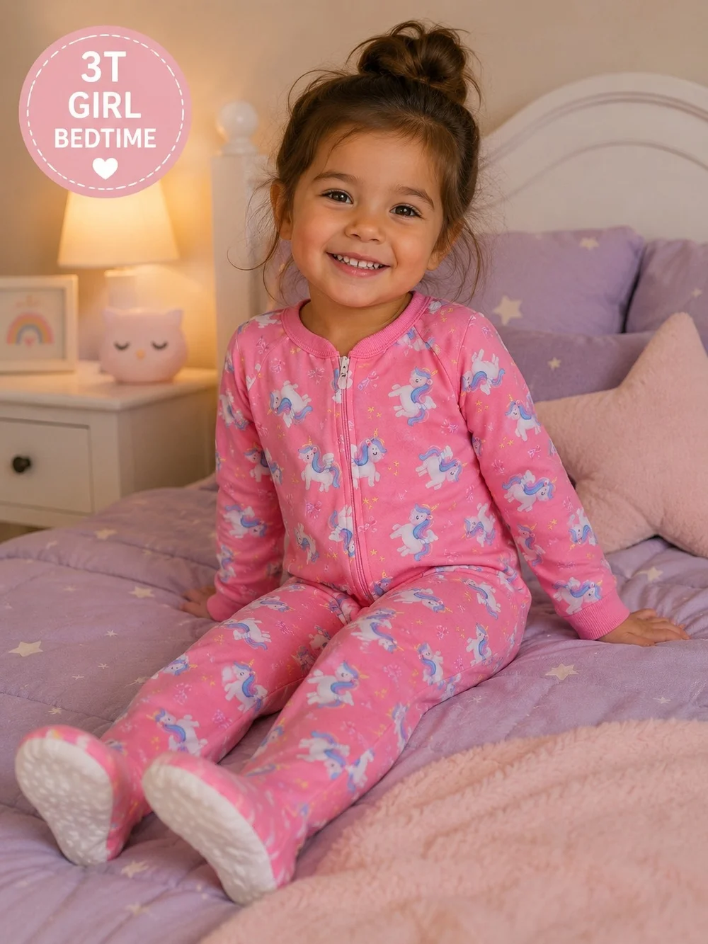 Girls' Pink Unicorn Print Fleece One-Piece Pajamas